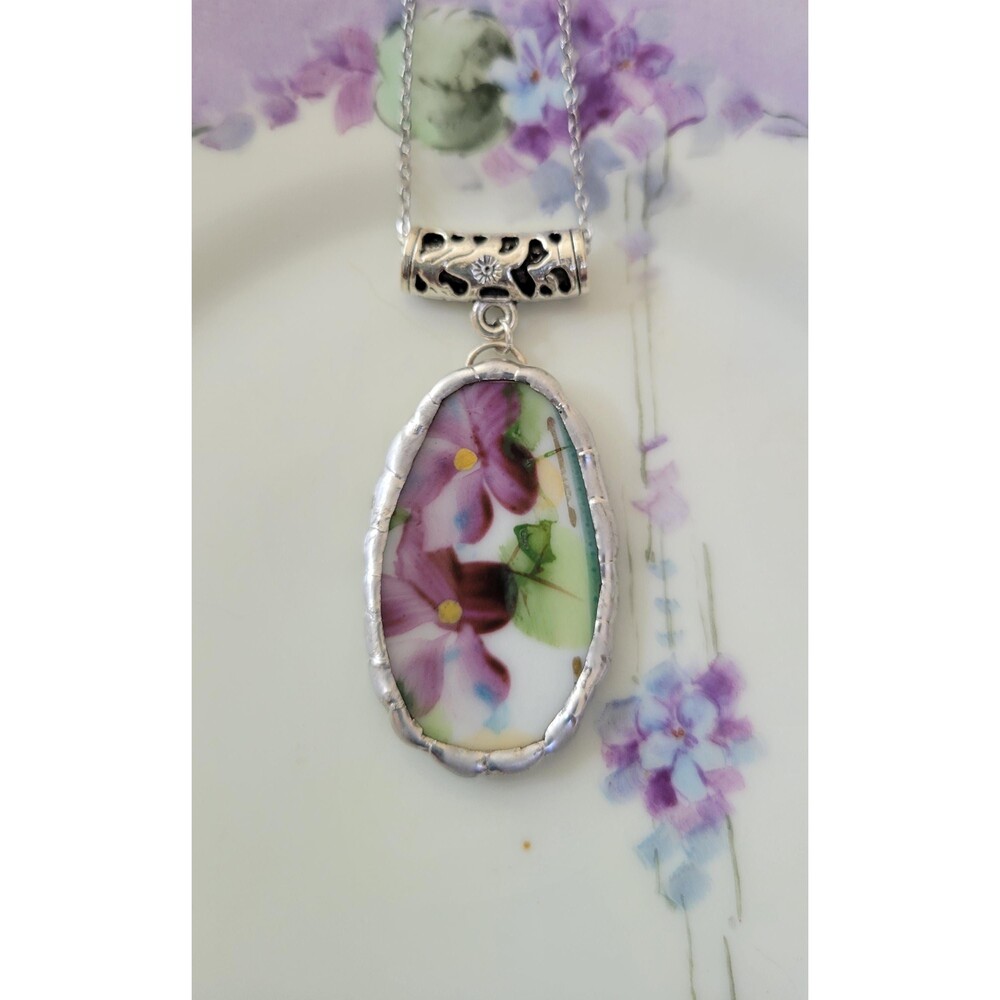 Handmade Broken China Violet Necklace, Upcycled & Repurposed Jewelry Gift